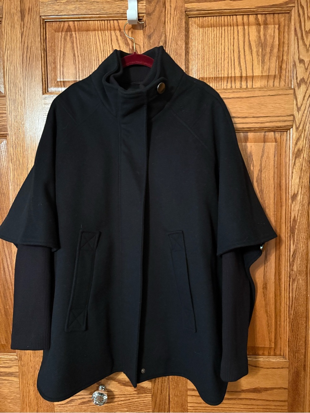 Women's Black Cape Coat with Ribbed Sleeves